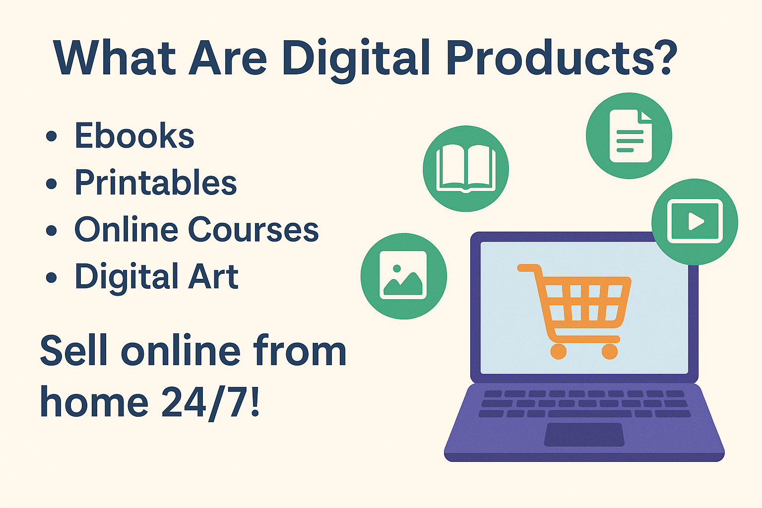 Icons of popular digital products like ebooks, graphics, music, and courses.