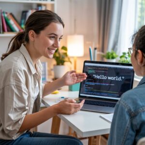 Online tutor teaching student through laptop at home
