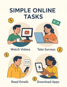 Illustration showing people earning money online by simple tasks like watching videos , taking surveys, reading emails, and downloading apps.