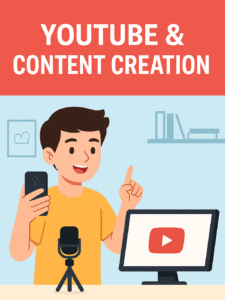 Flat digital illustration of a person creating YouTube content in a modern workspace with camera and lighting.